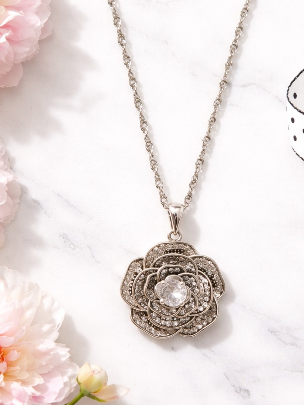 Rose Flower Lab Diamond Pendant Singapore 16” Chain NEW! - Picture 7 of 12